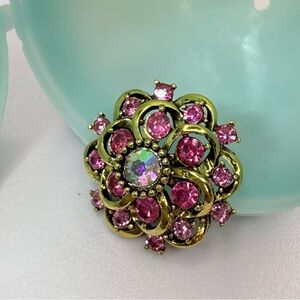 Gold-Tone Pink Crystal Floral Brooch 1” NWOT